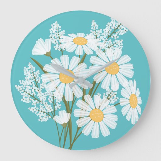 Elegant Floral White Daisies over Blauwgroen Grote Klok (Voorkant)