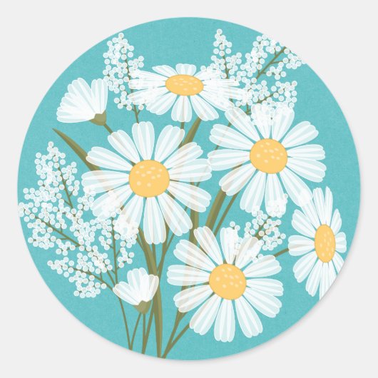 Elegant Floral White Daisies over Blauwgroen huwel Ronde Sticker (Voorkant)