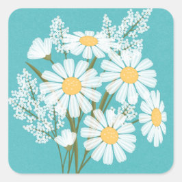 Elegant Floral White Daisies over Blauwgroen huwel Vierkante Sticker