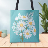 Elegant Floral White Daisies over Blauwgroen Tote Bag
