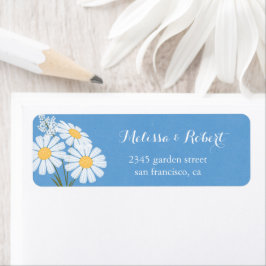 Elegant Floral White Daisies over Blue Wedding Etiket