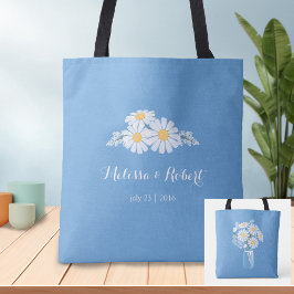 Elegant Floral White Daisies over Blue Wedding Fav Tote Bag