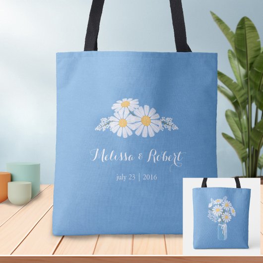Elegant Floral White Daisies over Blue Wedding Fav Tote Bag