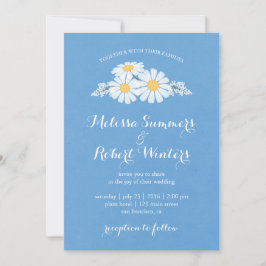 Elegant Floral White Daisies over Blue Wedding Kaart