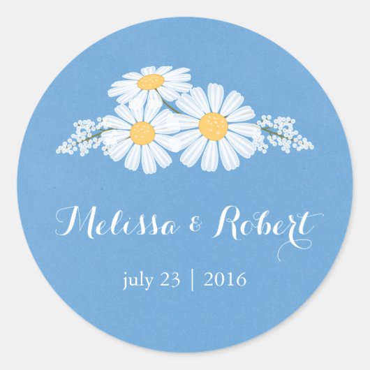 Elegant Floral White Daisies over Blue Wedding Ronde Sticker (Voorkant)