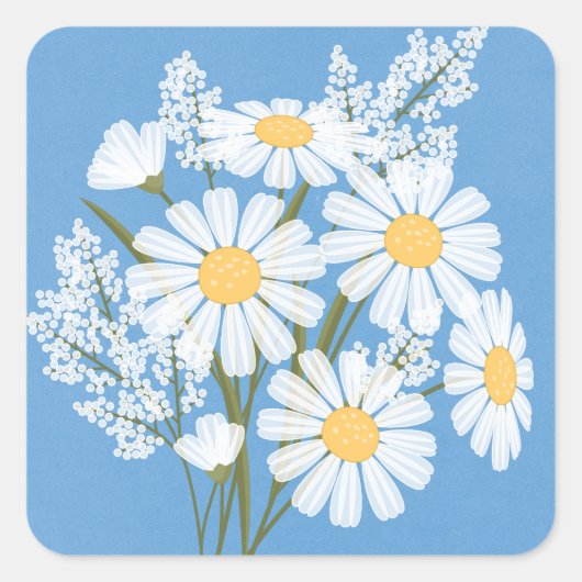 Elegant Floral White Daisies over Blue Wedding Vierkante Sticker (Voorkant)
