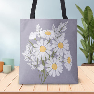 Elegant Floral White Daisies over Lavender Tote Bag