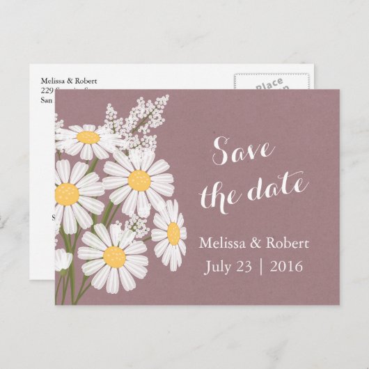 Elegant Floral White Daisies Roze sparen de Datum Aankondigingskaart (Voorkant / Achterkant)