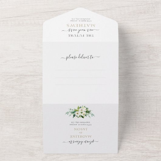 Elegant Floral White Gold Roos Waterverf bruiloft All In One Uitnodiging (Buitenkant)