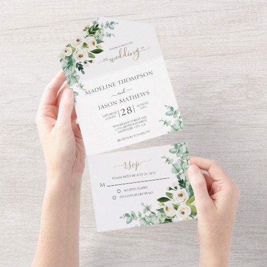 Elegant Floral White Gold Roos Waterverf bruiloft All In One Uitnodiging (Afscheurbaar)