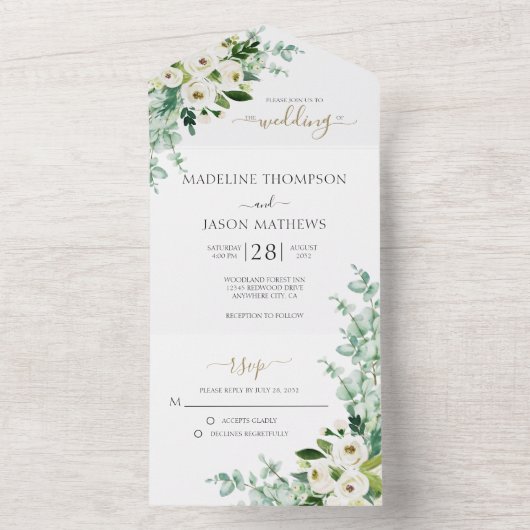 Elegant Floral White Gold Roos Waterverf bruiloft All In One Uitnodiging (Binnen)