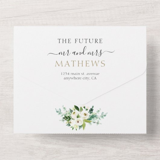 Elegant Floral White Gold Roos Waterverf bruiloft All In One Uitnodiging (Achterkant)