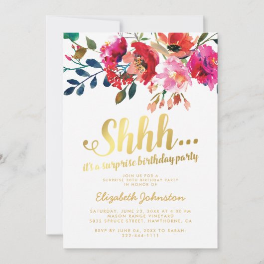 Elegant Floral White Gold Surprise Birthday Party Kaart (Voorkant)