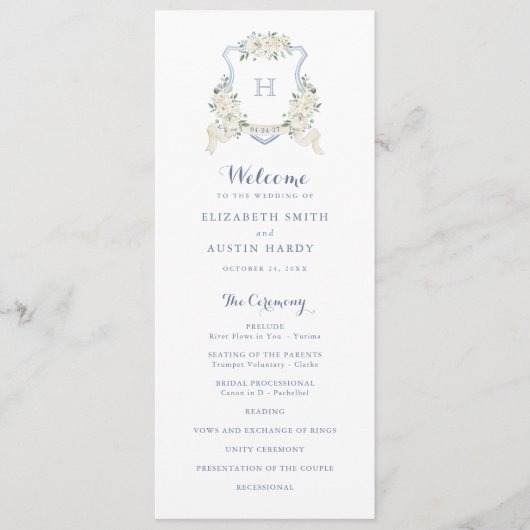 Elegant Floral White Greenery Crest Blue Wedding Programmakaart (Voorkant)