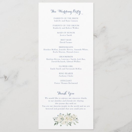 Elegant Floral White Greenery Crest Blue Wedding Programmakaart (Achterkant)