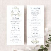 Elegant Floral White Greenery Crest Blue Wedding Programmakaart