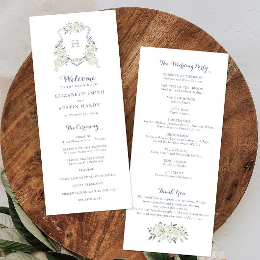 Elegant Floral White Greenery Crest Blue Wedding Programmakaart