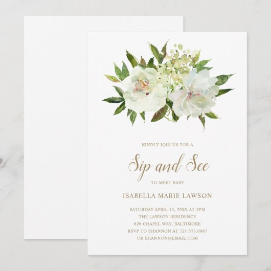 Elegant Floral White Ivory Gold Girl Sip and See Kaart (Voorkant / Achterkant)
