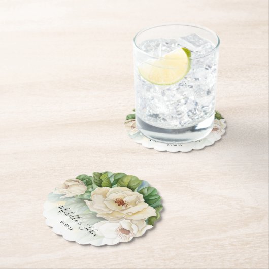 Elegant Floral White Magnolia Names Script Weddens Kartonnen Onderzetters (Insitu)