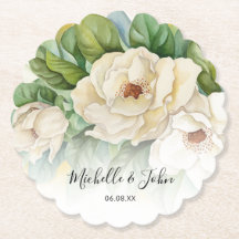 Elegant Floral White Magnolia Names Script Weddens