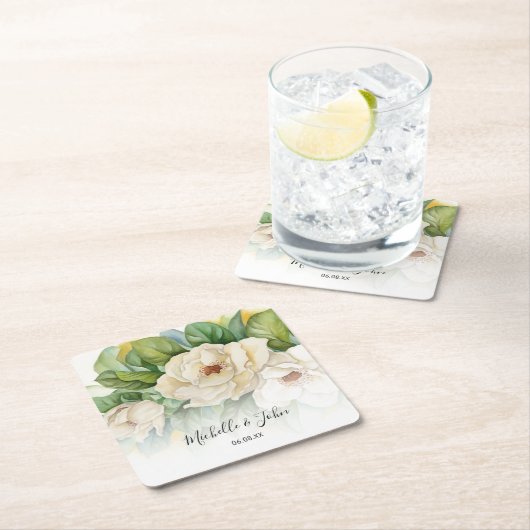 Elegant Floral White Magnolia Script Names Weddens Kartonnen Onderzetters (Insitu)