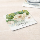 Elegant Floral White Magnolia Script Names Weddens Kartonnen Onderzetters (Schuin)