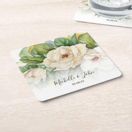 Elegant Floral White Magnolia Script Names Weddens Kartonnen Onderzetters (Schuin)