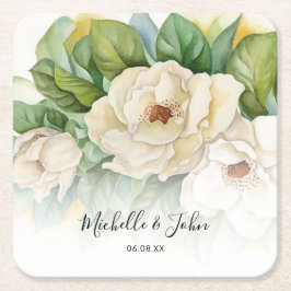 Elegant Floral White Magnolia Script Names Weddens Kartonnen Onderzetters