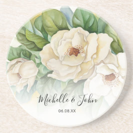 Elegant Floral White Magnolia Script Names Weddens Zandsteen Onderzetter