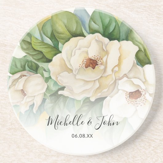 Elegant Floral White Magnolia Script Names Weddens Zandsteen Onderzetter (Voorkant)