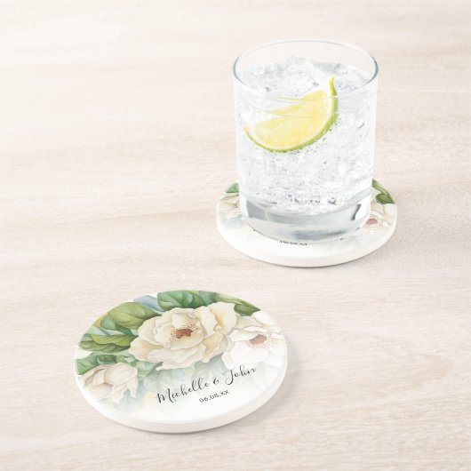 Elegant Floral White Magnolia Script Names Weddens Zandsteen Onderzetter (Zijkant)