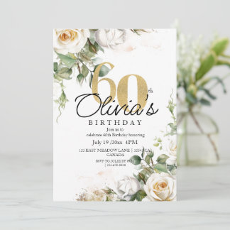 Elegant Floral White Roses Gold 60th Birthday Kaart