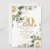 Elegant Floral White Roses & Gold 90th Birthday Kaart (Voorkant)