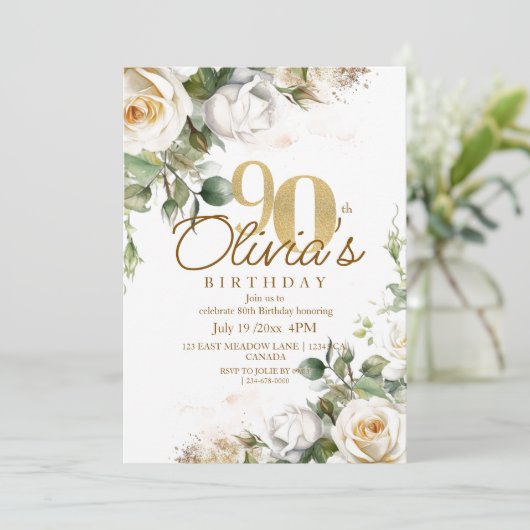 Elegant Floral White Roses & Gold 90th Birthday Kaart (Staand voorkant)