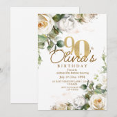 Elegant Floral White Roses & Gold 90th Birthday Kaart (Voorkant / Achterkant)
