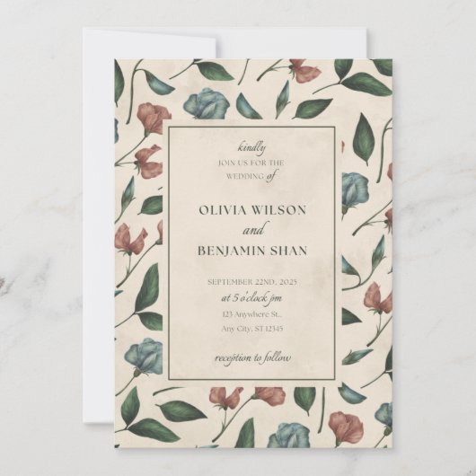Elegant Floral Wildflower Wedding Invitation Kaart (Voorkant)