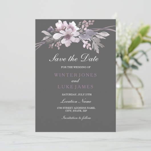 Elegant Floral Winter Grey Save the Date Kaart (Staand voorkant)