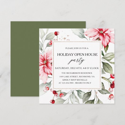 Elegant Floral Winter Holiday Open House Squal Kaart (Voorkant / Achterkant)