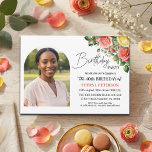 Elegant Floral with Photo 40th Birthday Party  Kaart<br><div class="desc">Elegant,  colorful,  joyful design with watercolor roses and 1 special photo. Customize the details for a unique and chic Birthday Celebration.</div>