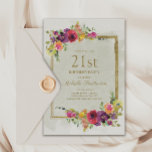 Elegant  Floral Women's 21st Birthday Kaart<br><div class="desc">Elegant  paars,  rood en geel waterverf floral and gold lijst women's 21st verjaardagsfeest. De tekst is volledig klantgericht,  zodat kan deze kaart voor om het even welke leeftijd worden veranderd.</div>