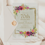 Elegant  Floral Women's 70th Birthday Kaart<br><div class="desc">Elegant  paars,  rood en geel waterverf floral and gold lijst women's zeventigste verjaardagsfeest. De tekst is volledig klantgericht,  zodat kan deze kaart voor om het even welke leeftijd worden veranderd.</div>