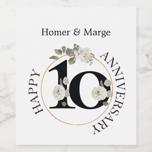Elegant Floral Wreath 10 jaar JUBILEUM Wijn Wijn Etiket (Enkel label)