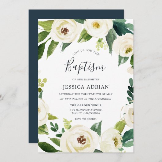 Elegant Floral Wreath Baptism Christening Invite Kaart (Voorkant / Achterkant)