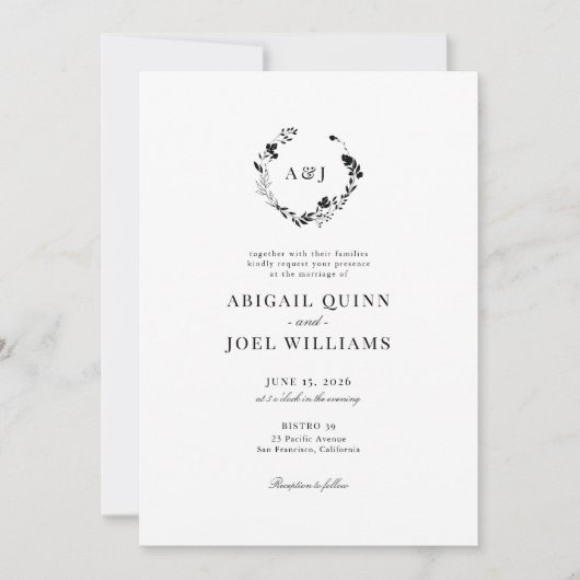 Elegant Floral Wreath Classic Wedding Invitation Kaart (Voorkant)