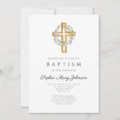 Elegant Floral Wreath Cross Baptism Uitnodiging (Voorkant)
