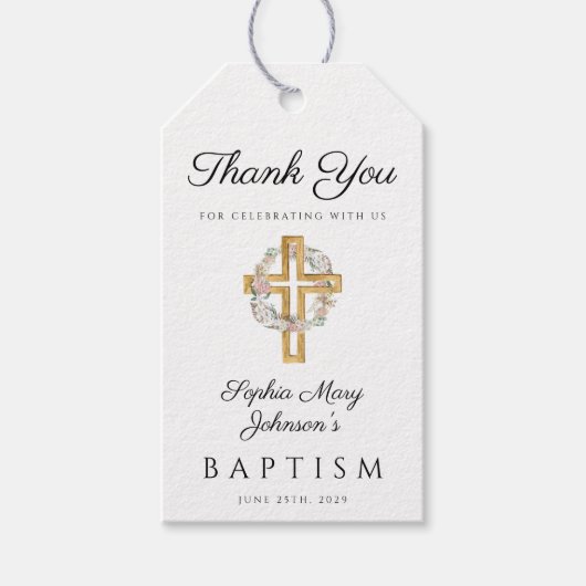 Elegant Floral Wreath Cross Baptisme Cadeaulabel (Voorkant)