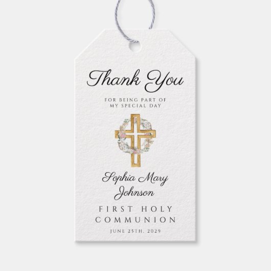 Elegant Floral Wreath Cross Girl Eerste Communie Cadeaulabel (Voorkant)