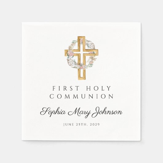 Elegant Floral Wreath Cross Girl Eerste Communie Servet (Voorkant)