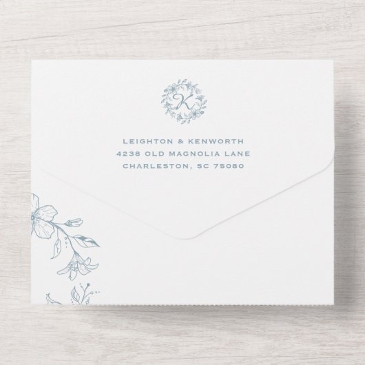 Elegant Floral Wreath Dusty Blue Wedding All In One Uitnodiging (Achterkant)