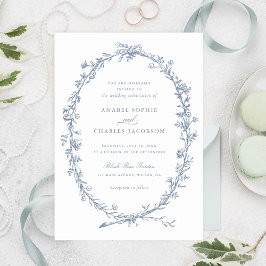 Elegant Floral Wreath Dusty Blue Wedding Kaart